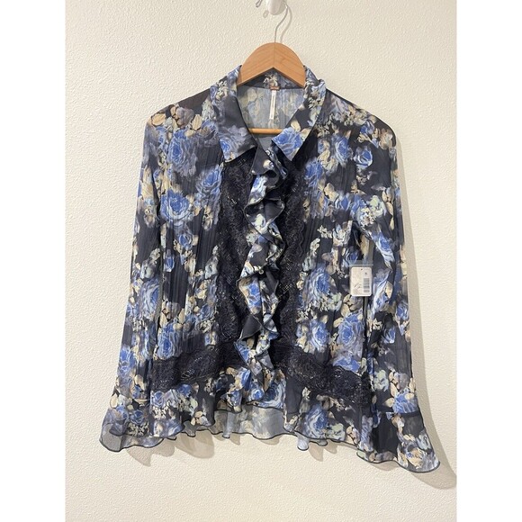 Free People Bad at Love Blouse Sheer Floral Ruffle Sleeve Lace Boho Fairy Whimsy - Picture 5 of 13